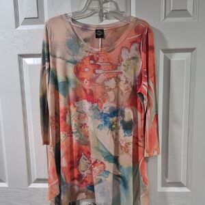 Cal Style USA Tunic TOP Sharkbite Hem Embellished 3/4 Sleeves Women's Large